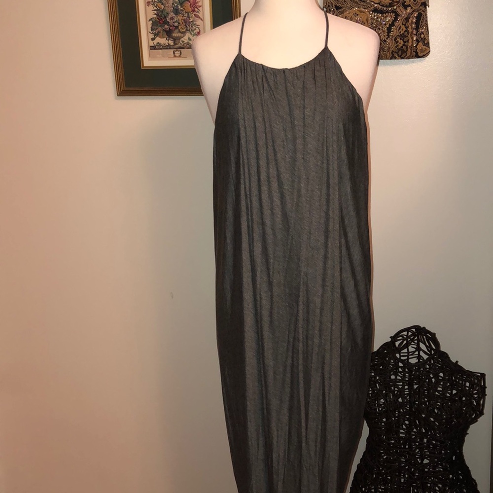 Gray summer dress with string halter and faux wrap